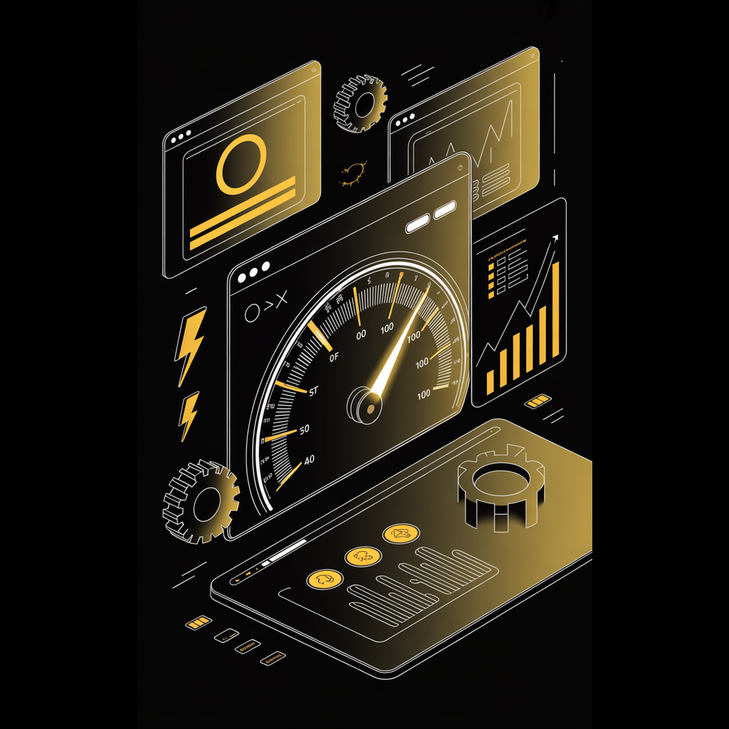 Include visual elements like a website speedometer, loading bars, performance graphs, browser windows, and optimization icons (lightning bolt, gears, analytics charts). The design should feel fast, technical, and data-driven, with a sleek digital style. High contrast, minimal clutter, premium look, suitable for a technology or SEO blog header. Free SEO Tools for Page Speed & Performance